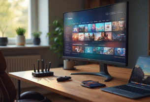 Curved monitor on desk displaying IPTV Smarters Pro interface with a laptop, smartphone, and router in a cosy room setup.
